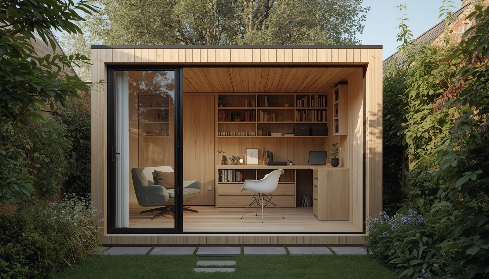 Exterior concept of a light timber garden office with glazing onto the lawn.
