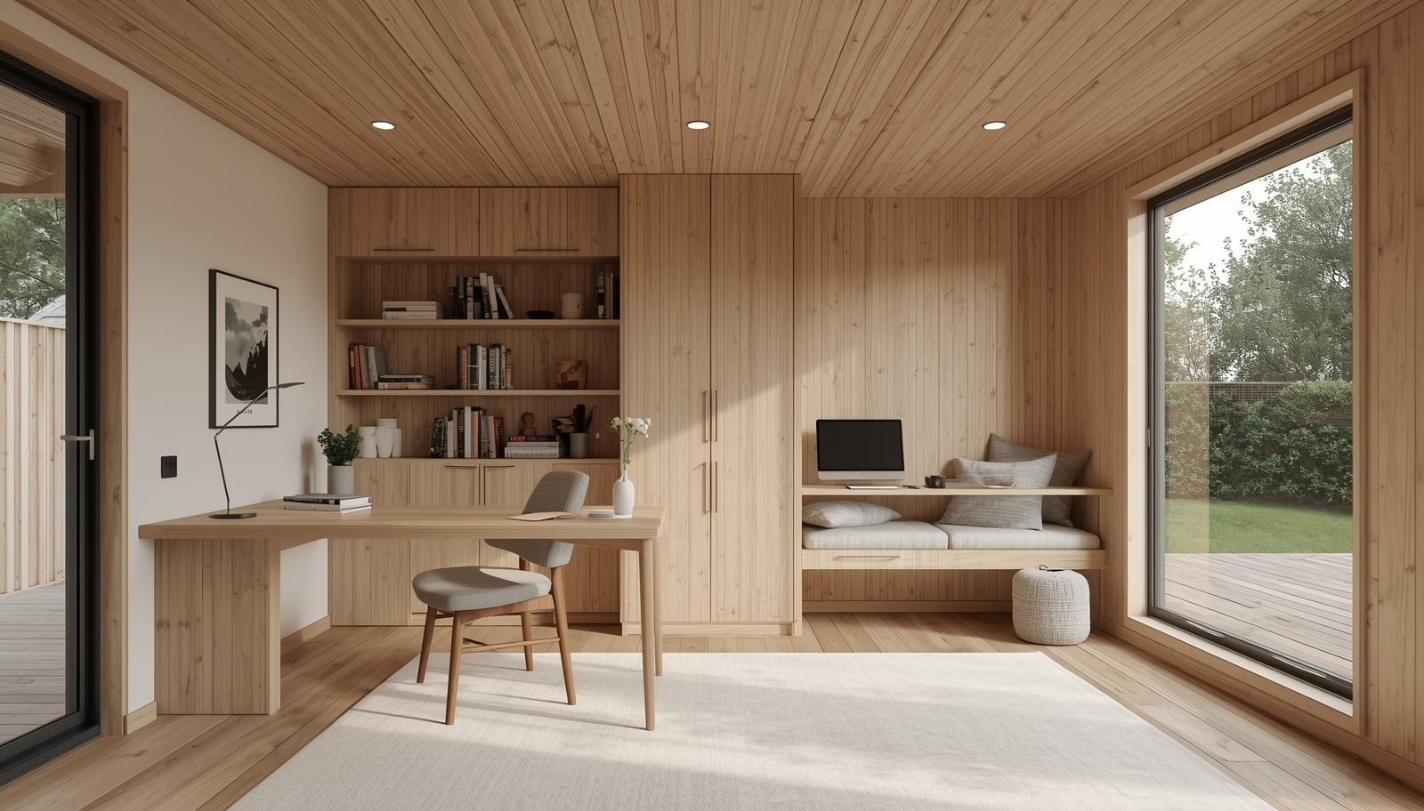 Interior concept of a bright, minimal garden office with built-in desk and shelving.