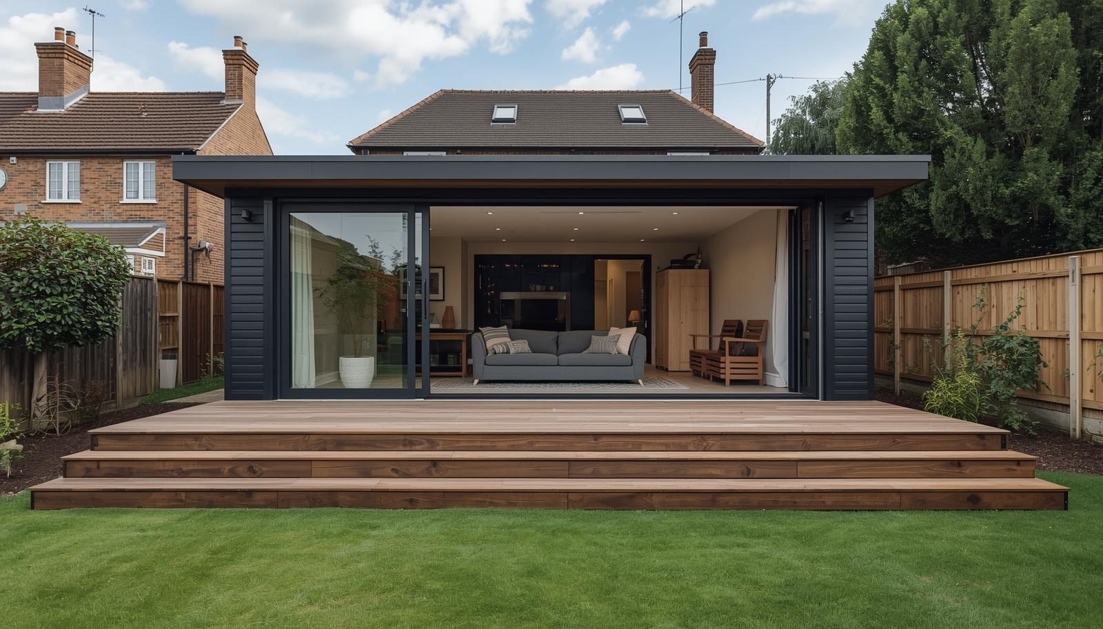 Exterior concept of a larger garden room with deck, steps and planting.