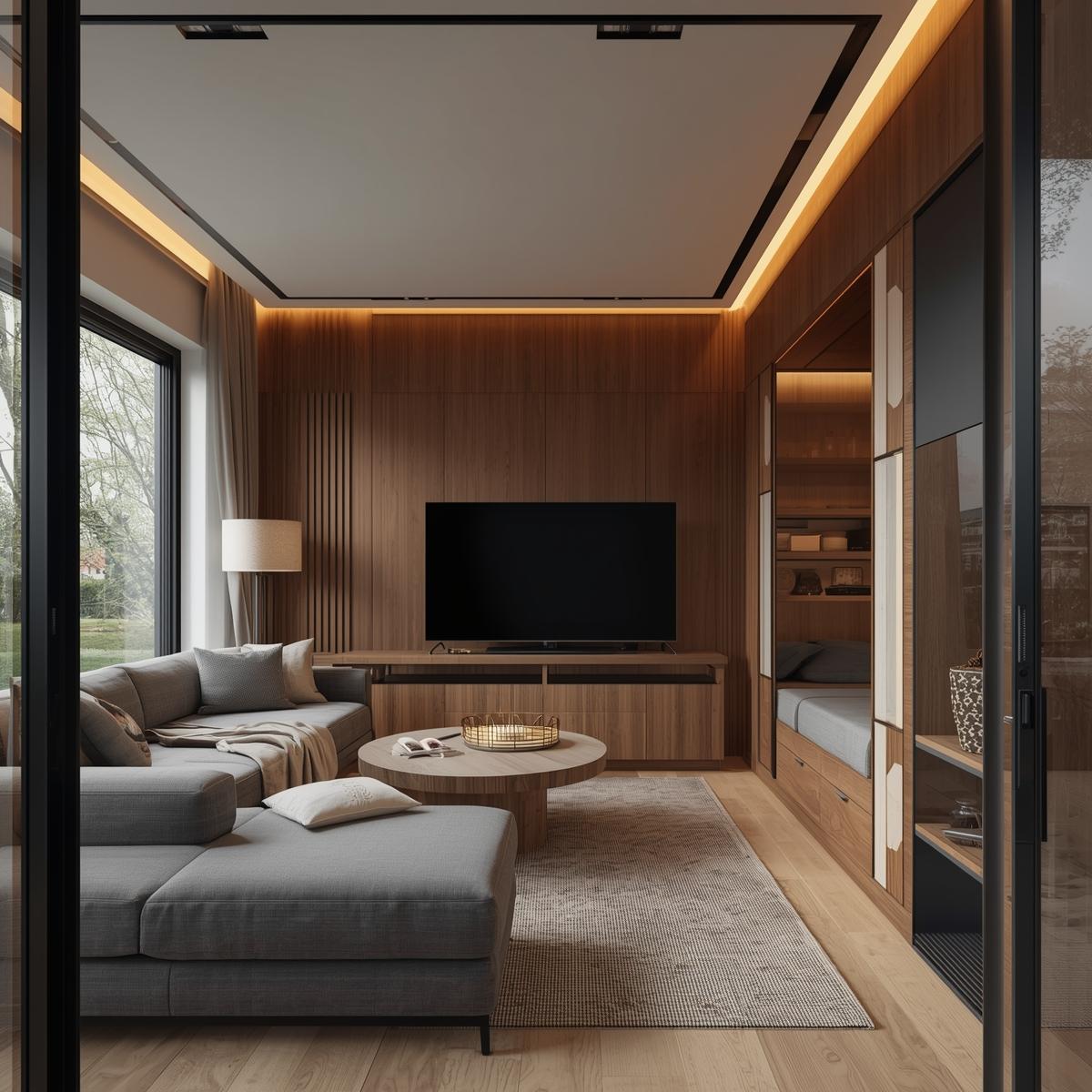 Interior concept of a cosy family garden room with sofa bed and TV wall.