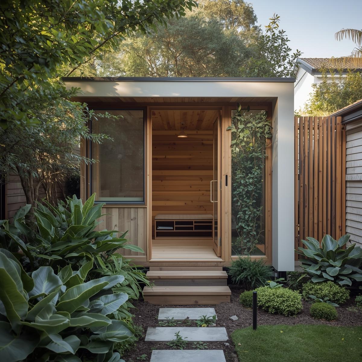 Exterior concept of a compact garden studio with vertical cladding and simple steps.