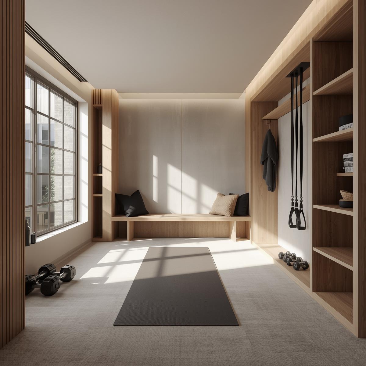 Interior concept of a serene wellness studio with mat space and storage bench.